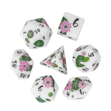 Handmande Pink Flowers on White Resin -  7pcs RPG Dice Set